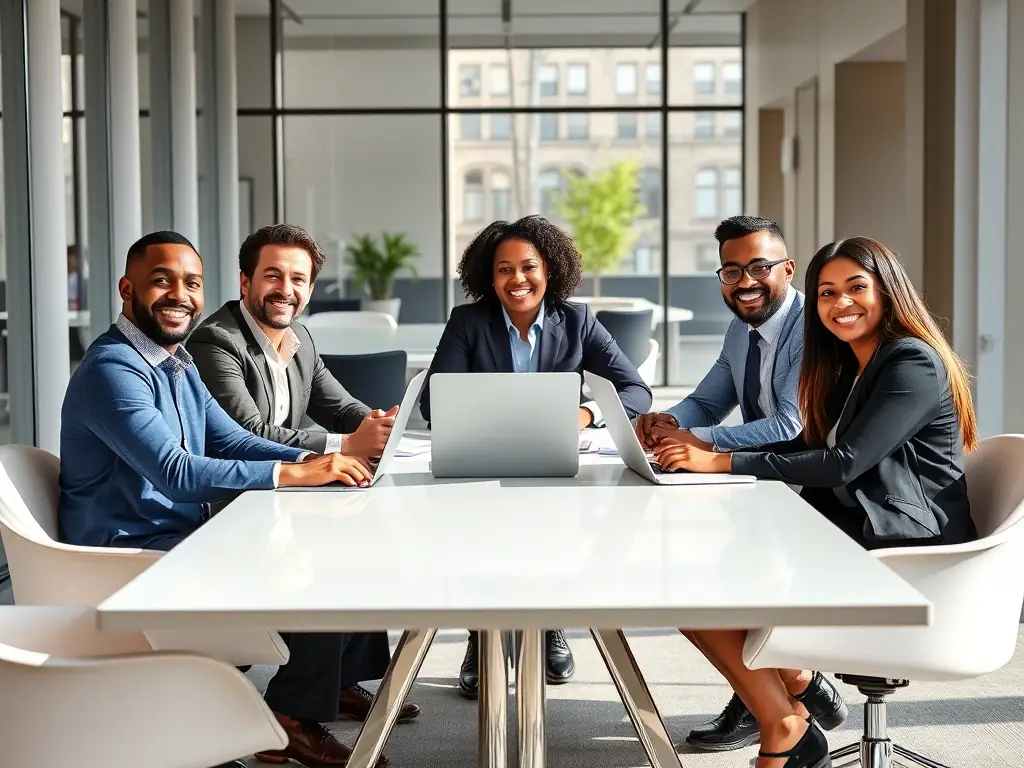 A professional photograph showcasing a diverse group of individuals collaborating in a modern office setting, symbolizing the partnership opportunities with 豪门国际. The image should convey teamwork, innovation, and a shared vision for success in the electronic gaming industry.